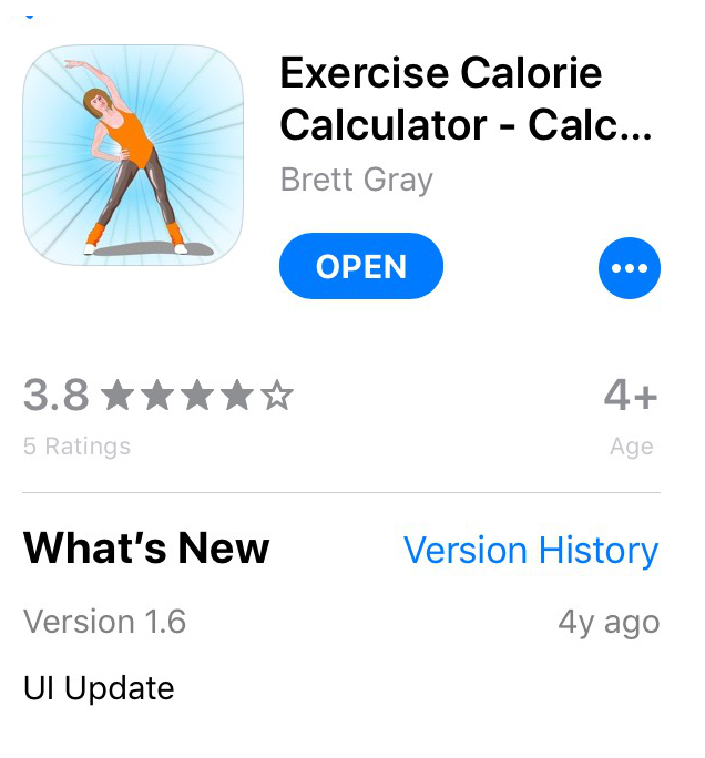 หน้าตาของแอปฯ Exercise Cals หรือชื่อเต็มๆ ว่า Exercise Calorie Calculator มี rating อยู่ที่ 3.8